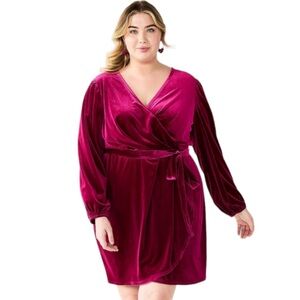 Nine West | Womens Long Sleeve Burgundy Velvet Wrap Dress w/ Waist Tie - Size 1X